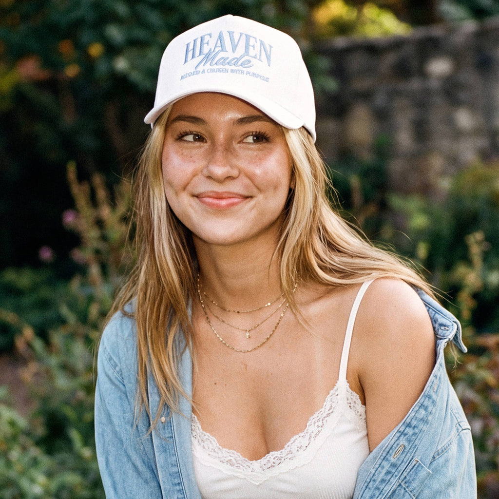 C.C HEAVEN MADE Letter Embroidered Trucker Hat: White/White
