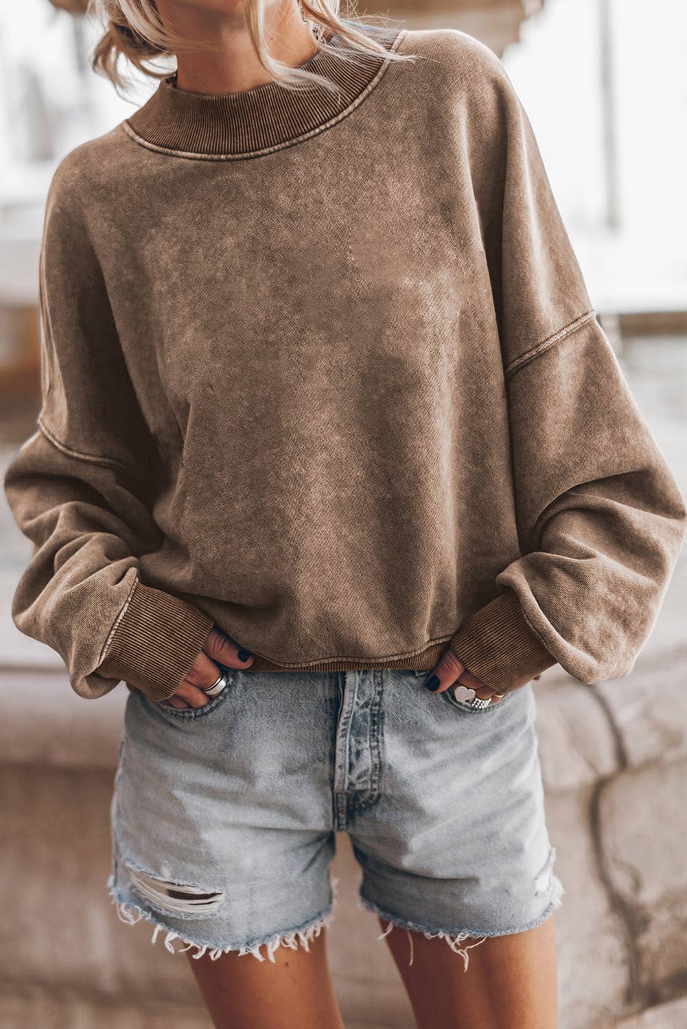 Solid Color Drop Shoulder Crew Neck Pullover Sweatshirt: Brown / 75%Polyester+25%Cotton