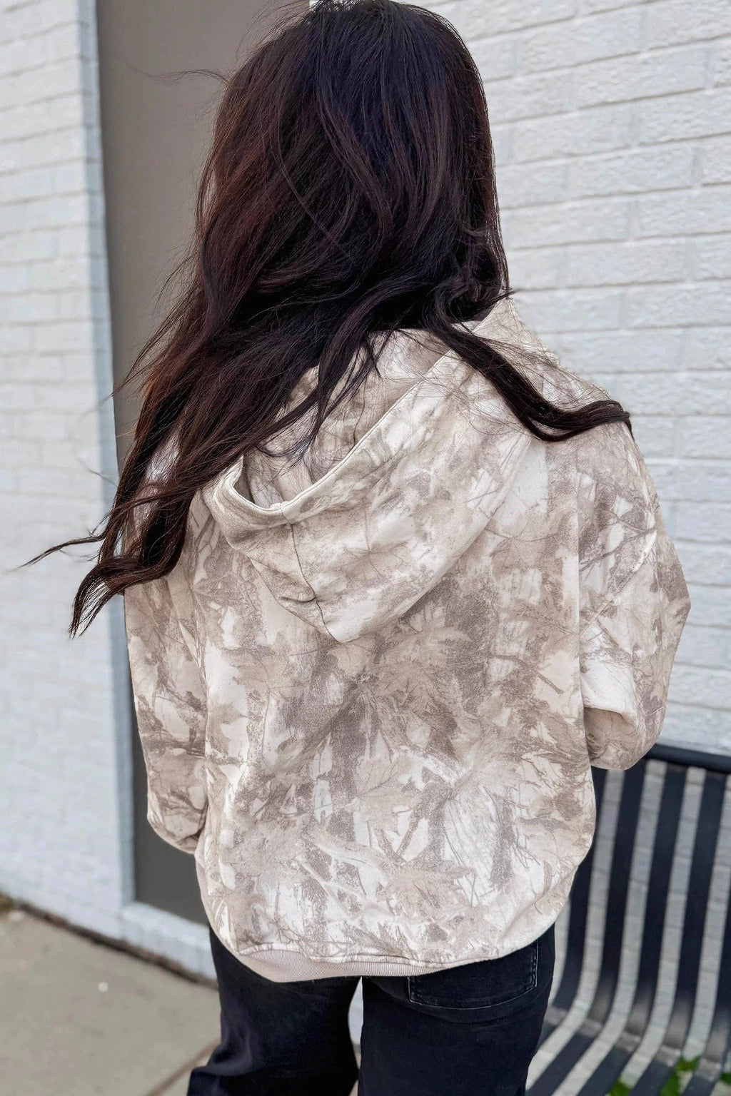 White Camo Print Ribbed Cuffs Hem Long Sleeve Hoodie: Gray / 100%Polyester