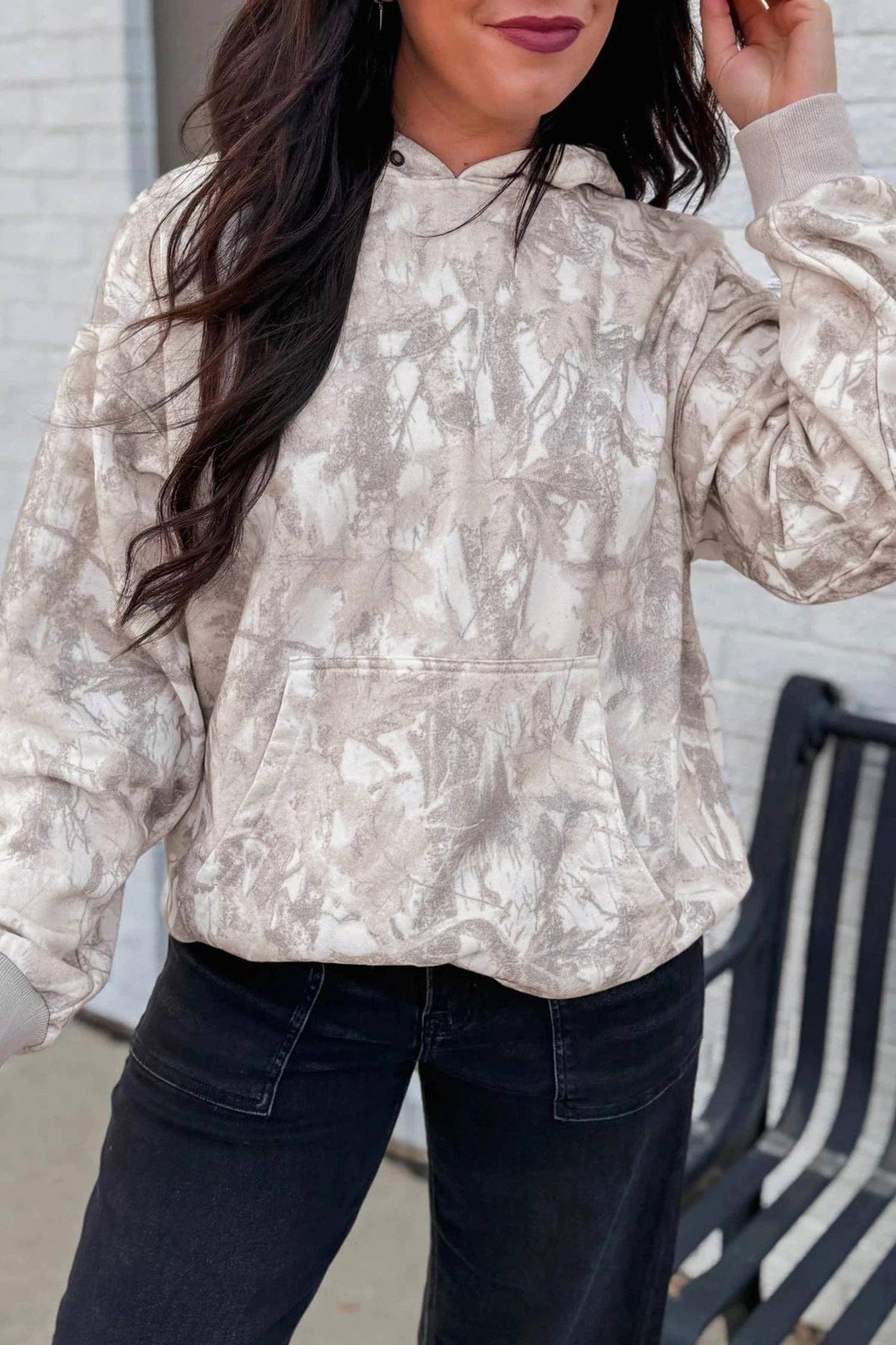 White Camo Print Ribbed Cuffs Hem Long Sleeve Hoodie: Gray / 100%Polyester