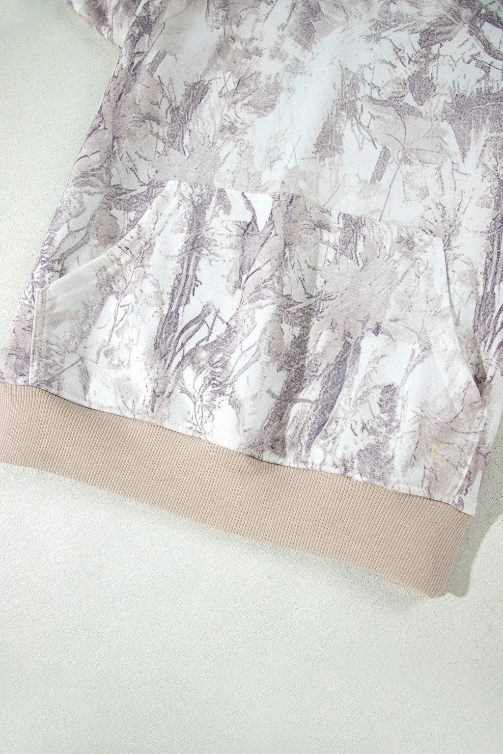 White Camo Print Ribbed Cuffs Hem Long Sleeve Hoodie: Gray / 100%Polyester