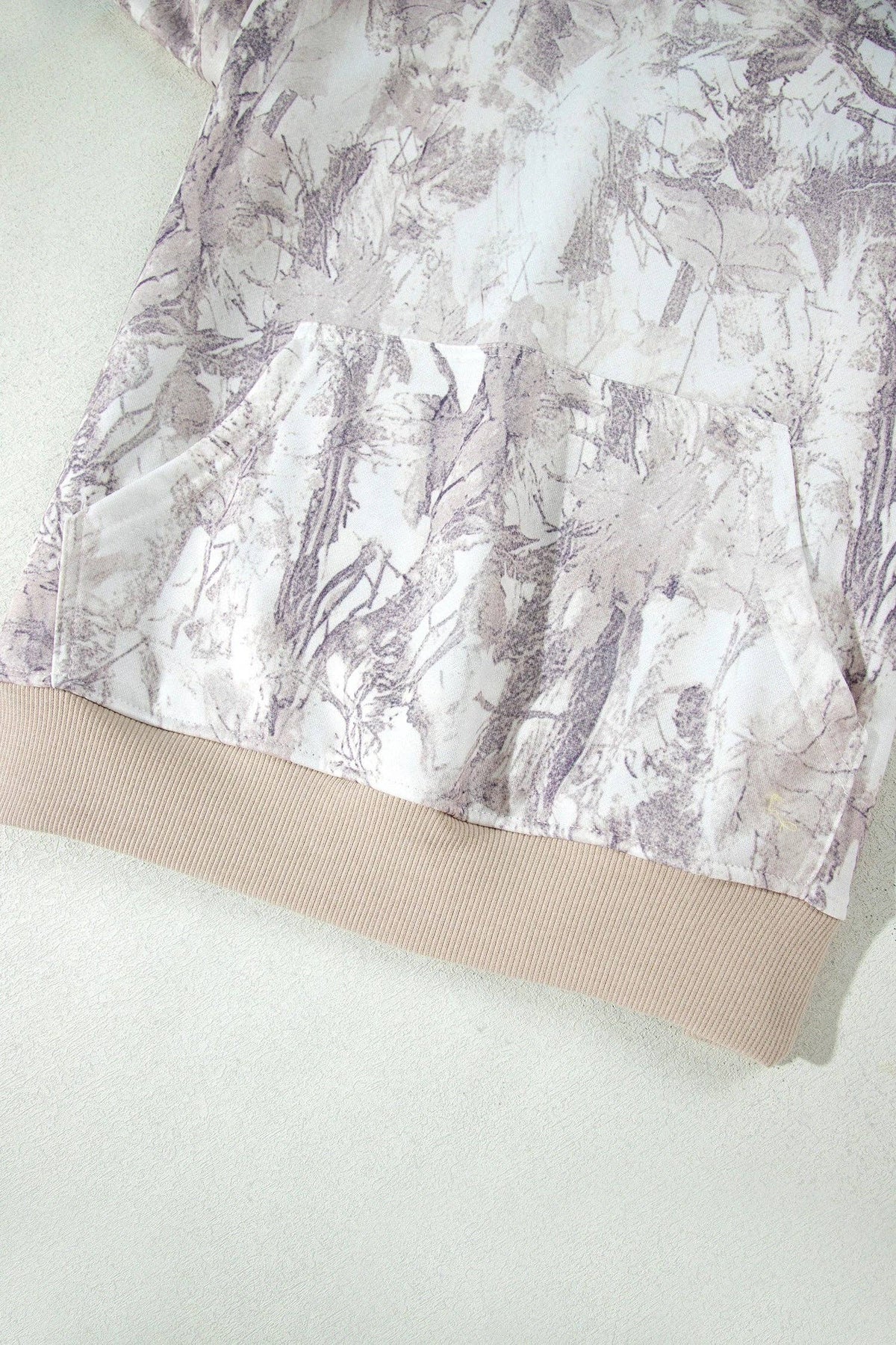 White Camo Print Ribbed Cuffs Hem Long Sleeve Hoodie: Gray / 100%Polyester