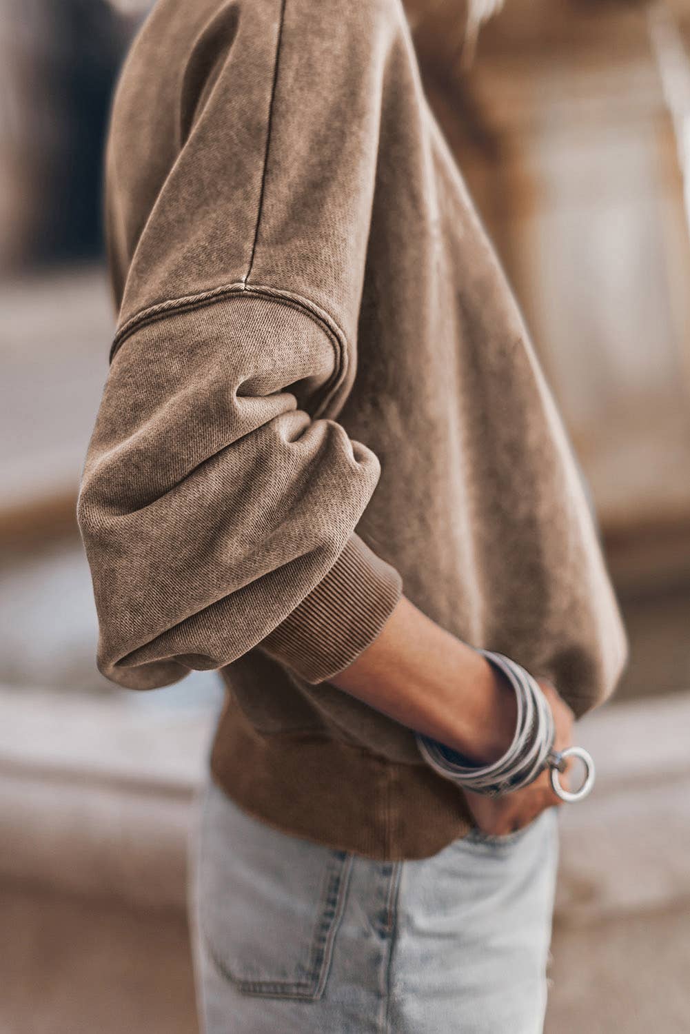 Solid Color Drop Shoulder Crew Neck Pullover Sweatshirt: Brown / 75%Polyester+25%Cotton