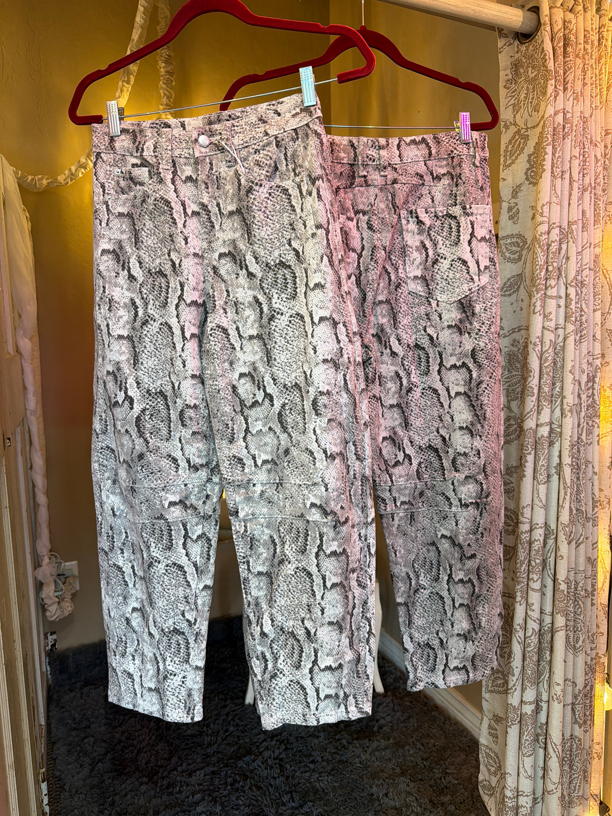 Snake print barrel jeans