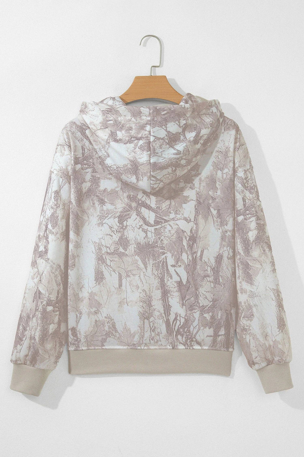 White Camo Print Ribbed Cuffs Hem Long Sleeve Hoodie: Gray / 100%Polyester