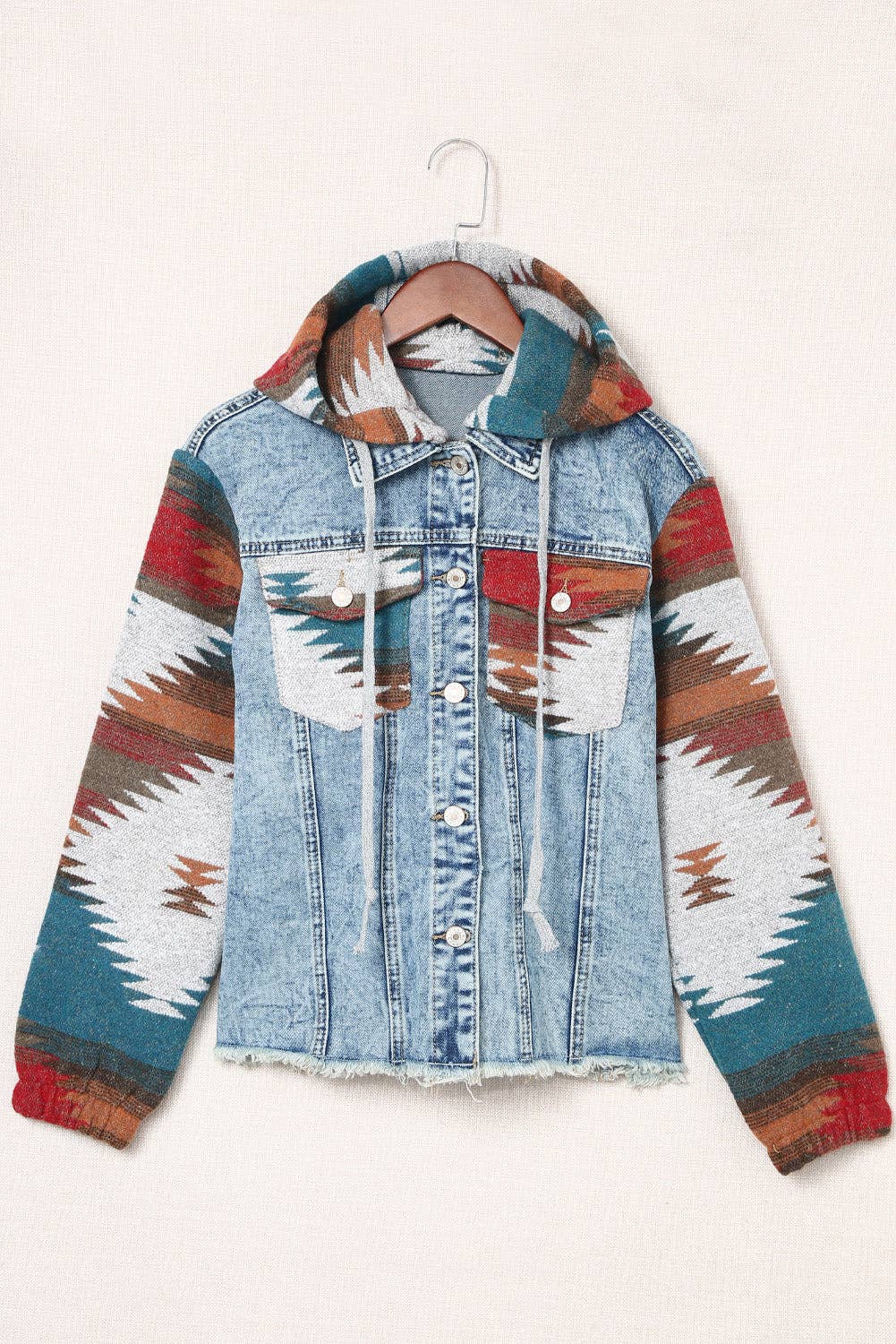 Aztec Denim Frayed Hem Jacket: Multicolor