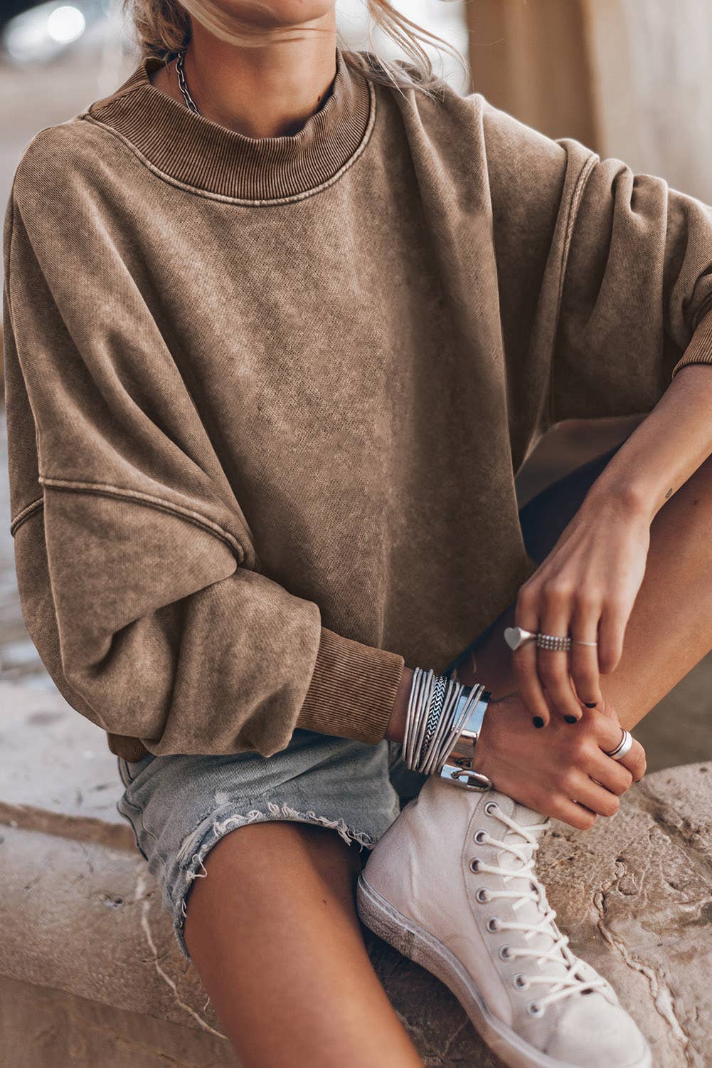 Solid Color Drop Shoulder Crew Neck Pullover Sweatshirt: Brown / 75%Polyester+25%Cotton
