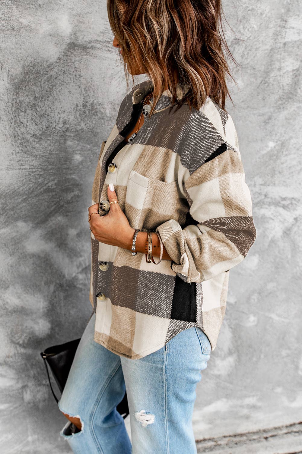 Plaid Color Block Buttoned Long Sleeve Jacket with Pocket: Khaki / 95%Polyester+5%Spandex