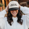 C.C BORN TO YAP FORCED TO WORK Letter  Two Tone Trucker Hat