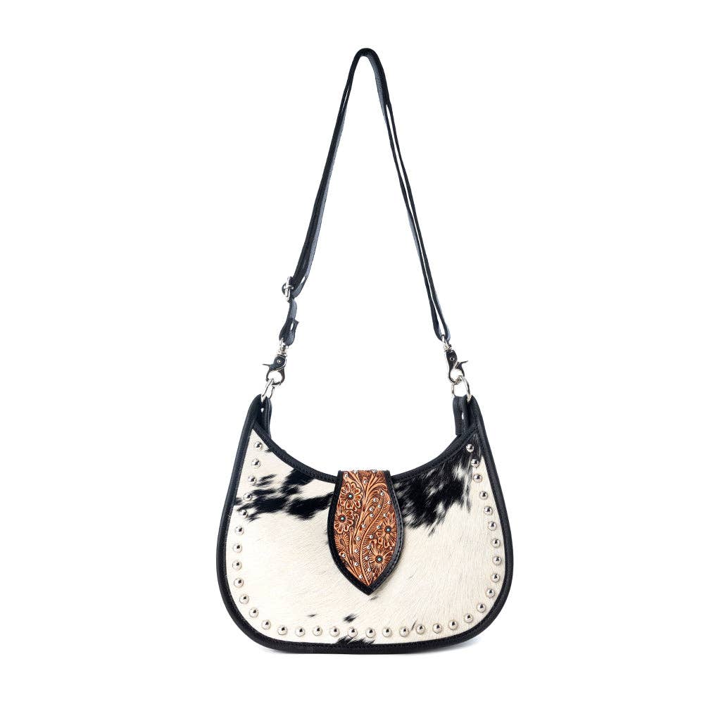 Santa Fe Handtooled Bag for Women in Black with hairon and studded detail: Black