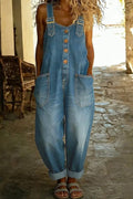 Washed Denim Overalls Adjustable Strap Relaxed Fit: Blue / 70%Cotton+30%Polyester