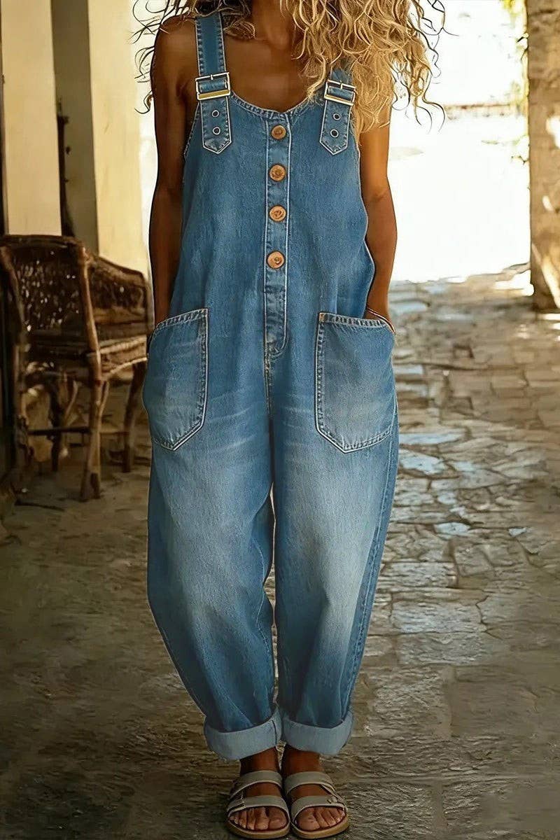 Washed Denim Overalls Adjustable Strap Relaxed Fit: Blue / 70%Cotton+30%Polyester