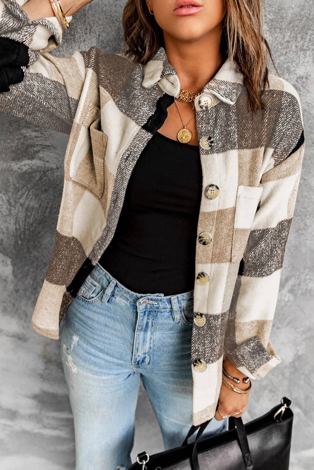 Plaid Color Block Buttoned Long Sleeve Jacket with Pocket: Khaki / 95%Polyester+5%Spandex