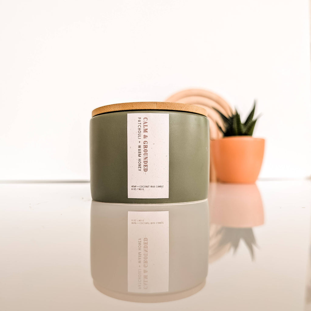 Calm & Grounded: Patchouli Honey Bohemian Hemp Candle, 5 oz.: Sage
