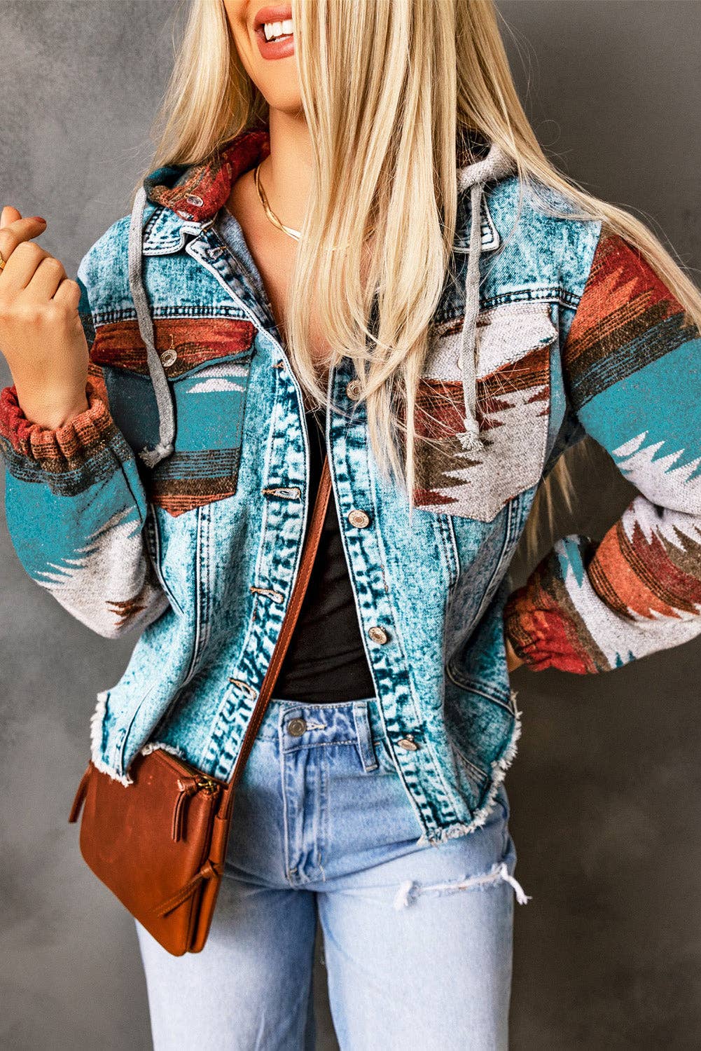 Aztec Denim Frayed Hem Jacket: Multicolor
