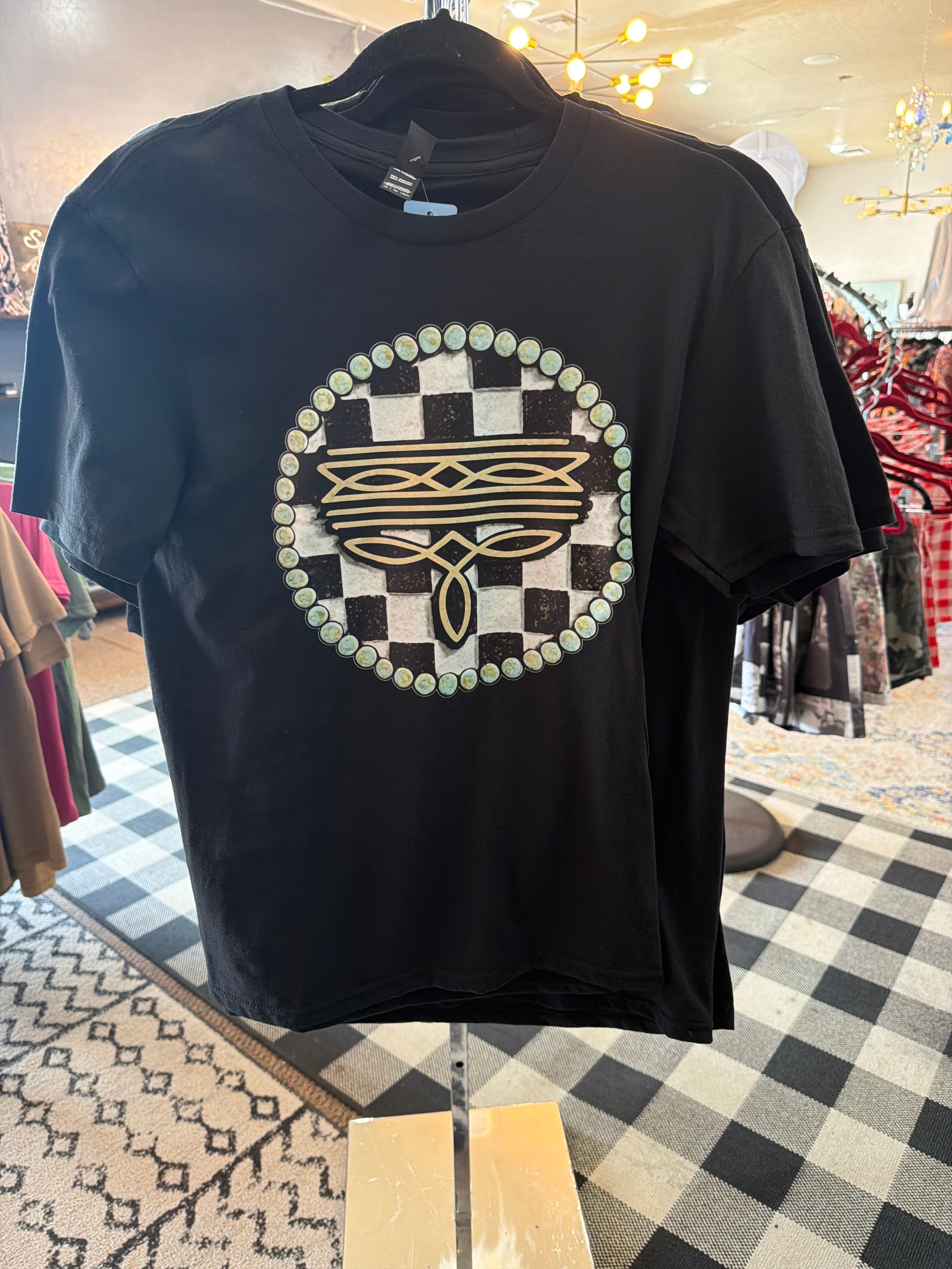 Turquoise Checkered Boot stitch Tee