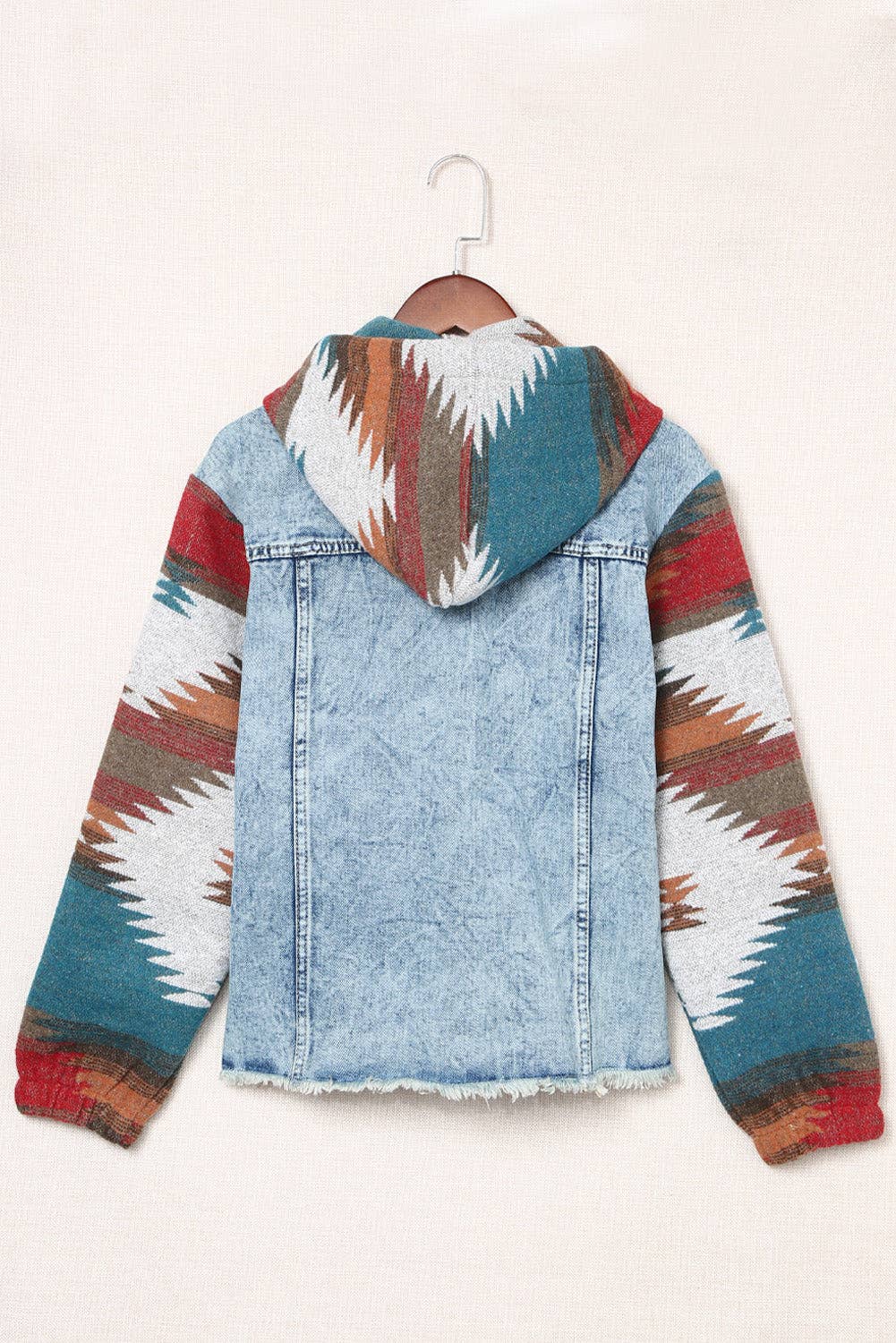 Aztec Denim Frayed Hem Jacket: Multicolor