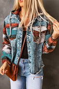 Aztec Denim Frayed Hem Jacket: Multicolor
