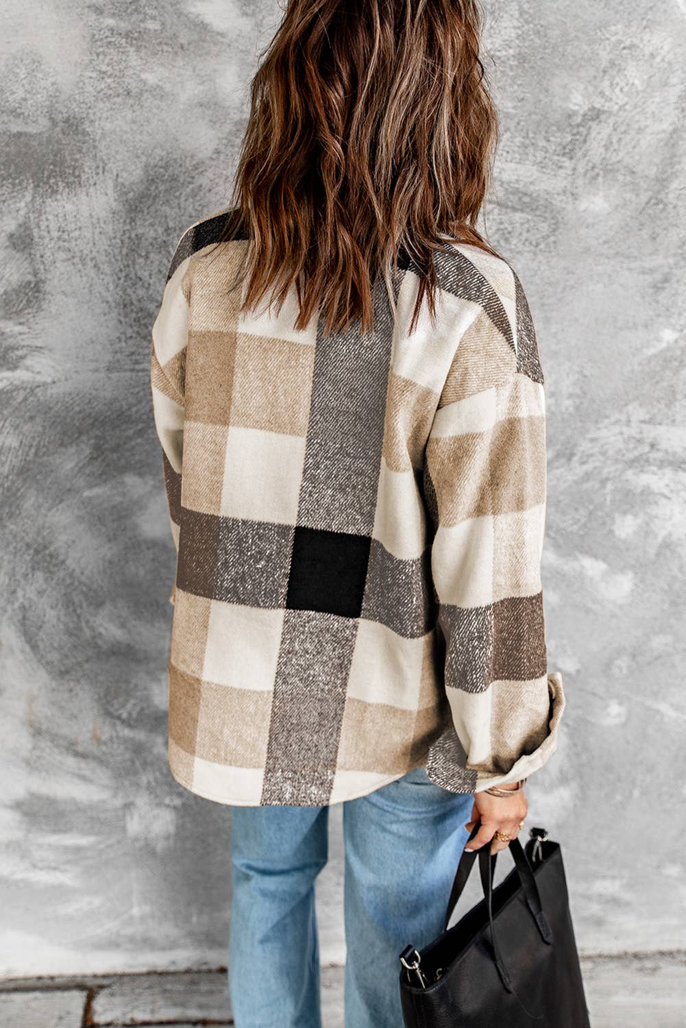 Plaid Color Block Buttoned Long Sleeve Jacket with Pocket: Khaki / 95%Polyester+5%Spandex