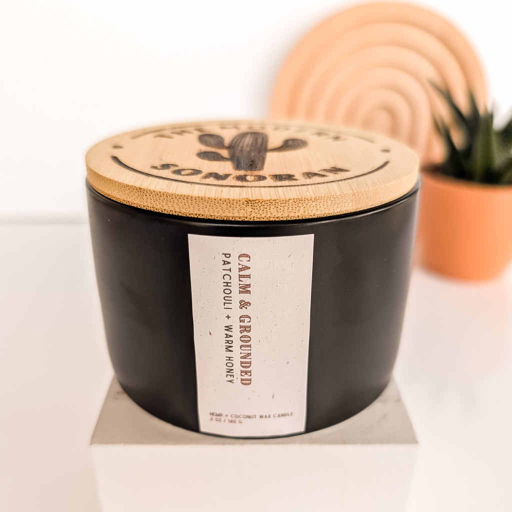 Calm & Grounded: Patchouli Honey Bohemian Hemp Candle, 5 oz.: Sage
