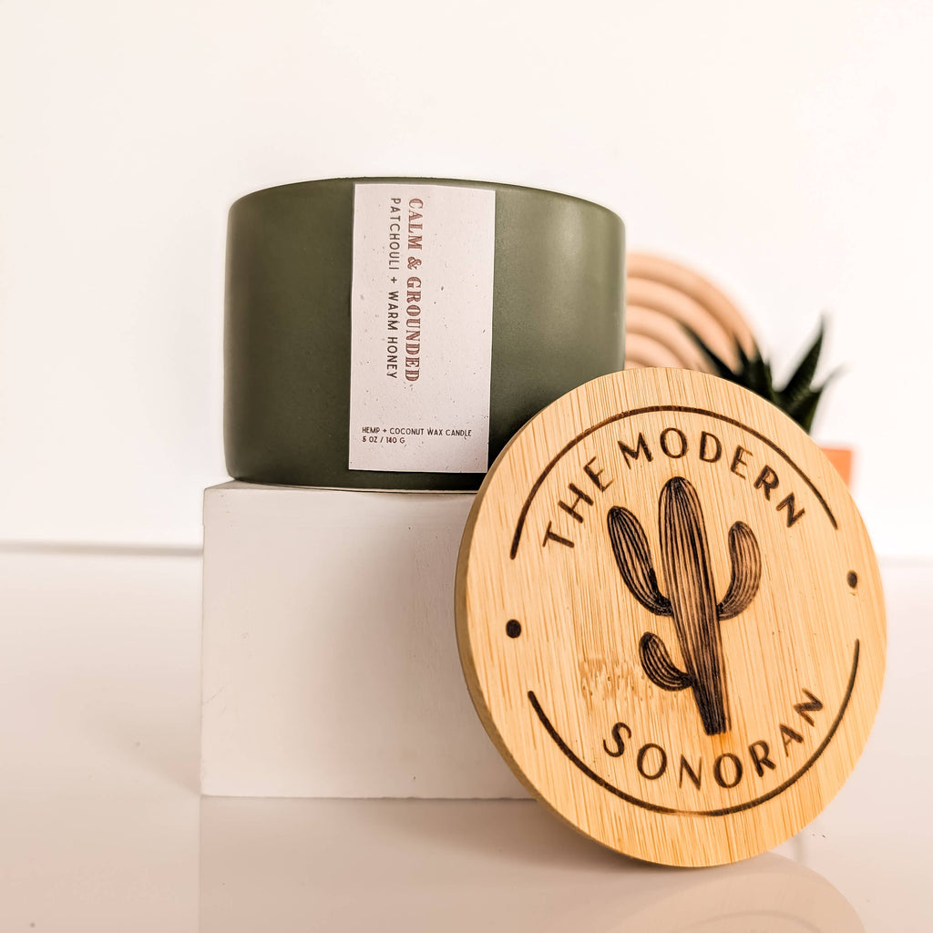 Calm & Grounded: Patchouli Honey Bohemian Hemp Candle, 5 oz.: Sage