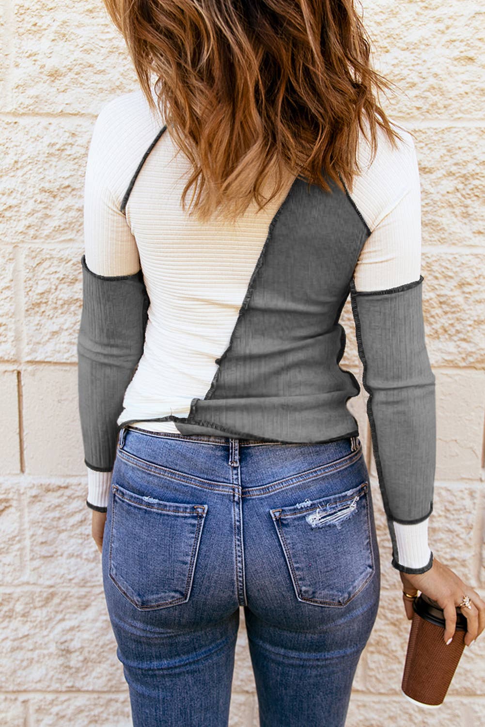 Irregular Color Block Seaming Trim Rib Knit Top: Gray / 100%Polyester