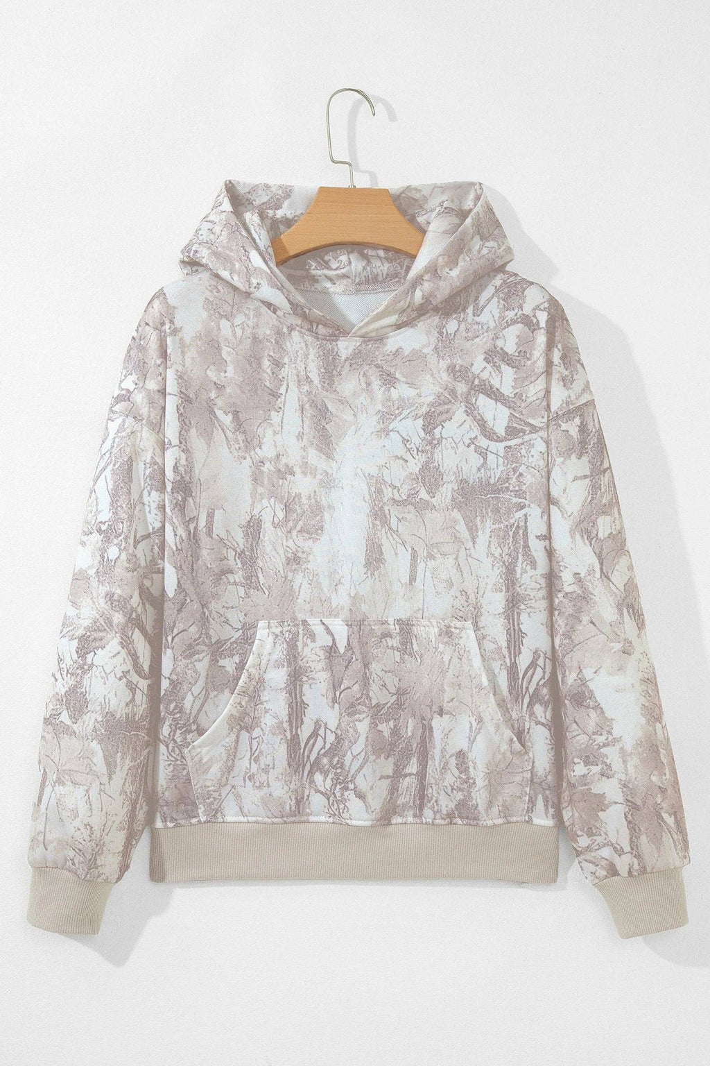 White Camo Print Ribbed Cuffs Hem Long Sleeve Hoodie: Gray / 100%Polyester