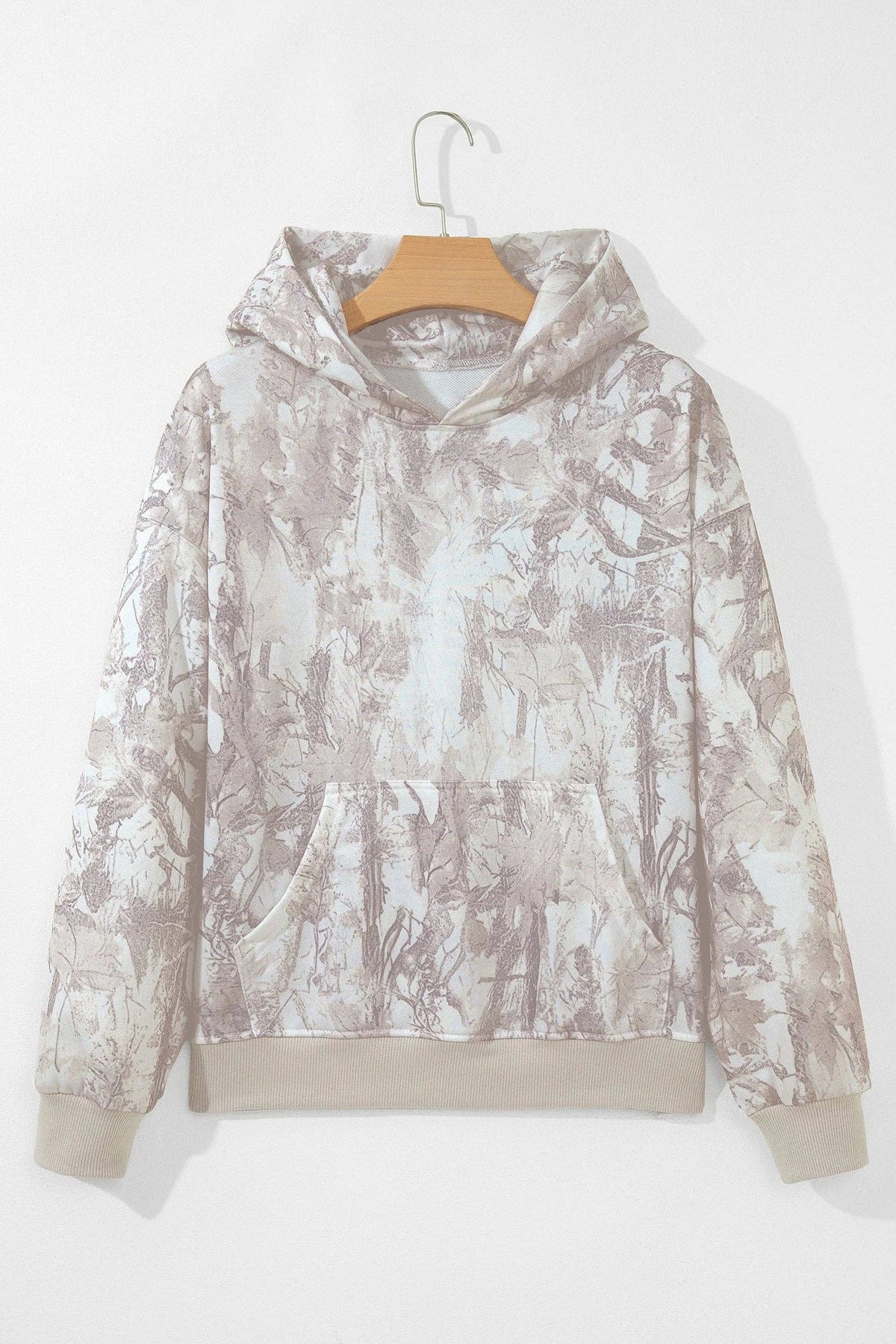 White Camo Print Ribbed Cuffs Hem Long Sleeve Hoodie: Gray / 100%Polyester