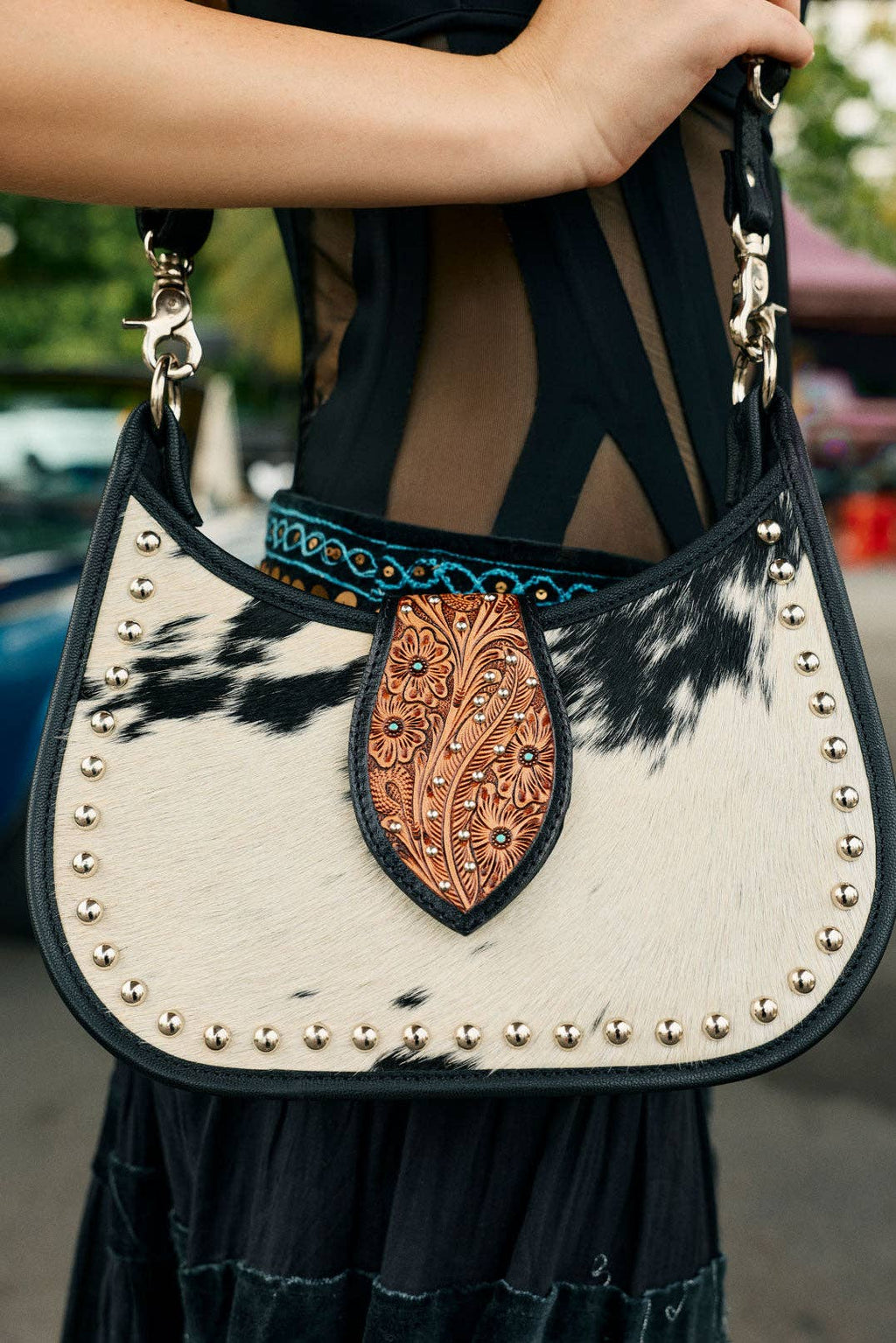 Santa Fe Handtooled Bag for Women in Black with hairon and studded detail: Black