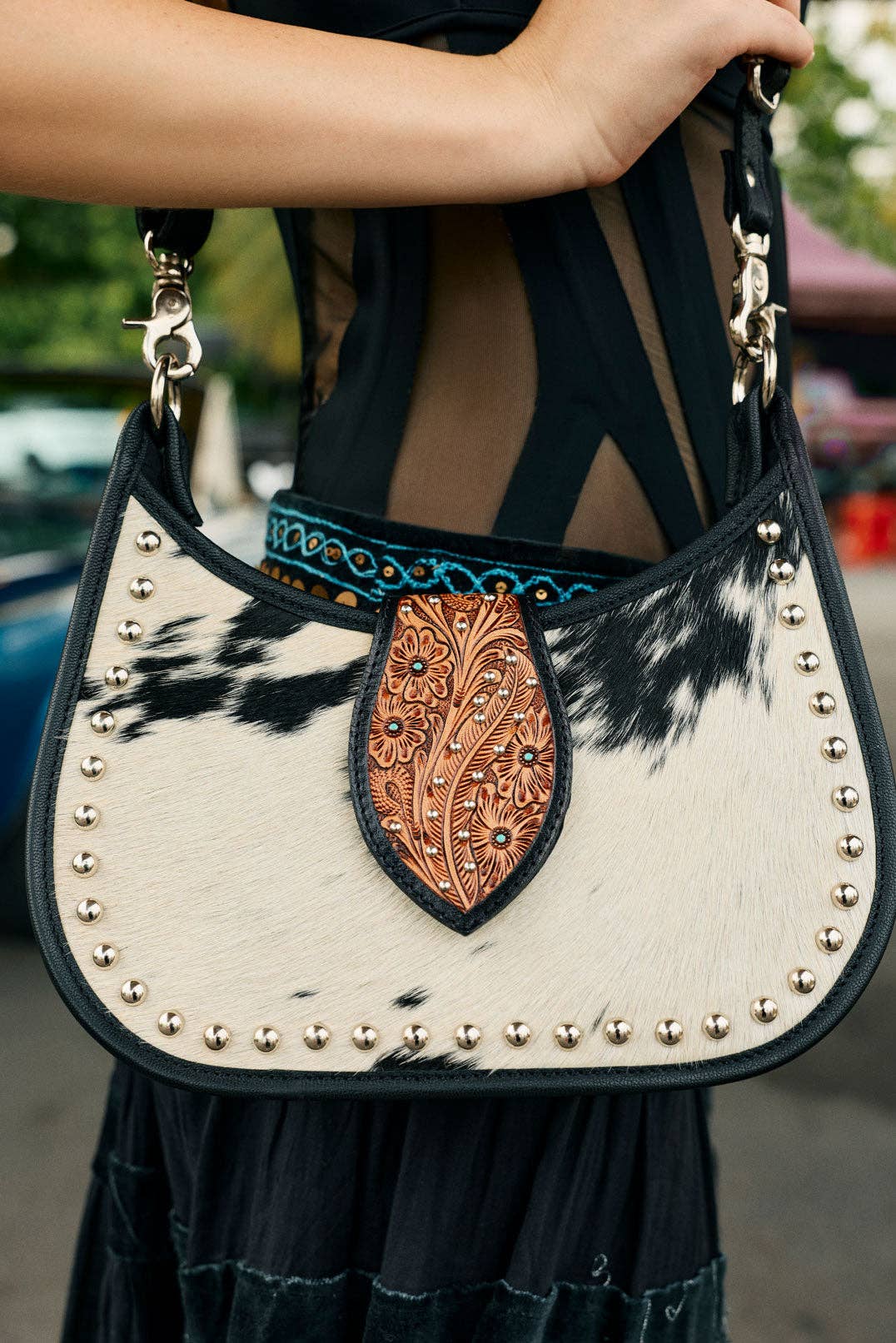 Santa Fe Handtooled Bag for Women in Black with hairon and studded detail: Black