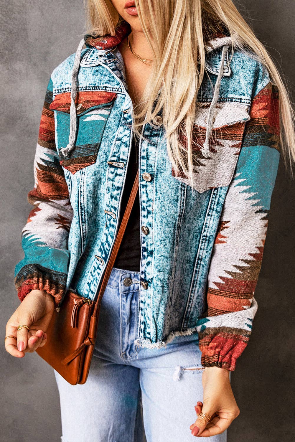 Aztec Denim Frayed Hem Jacket: Multicolor