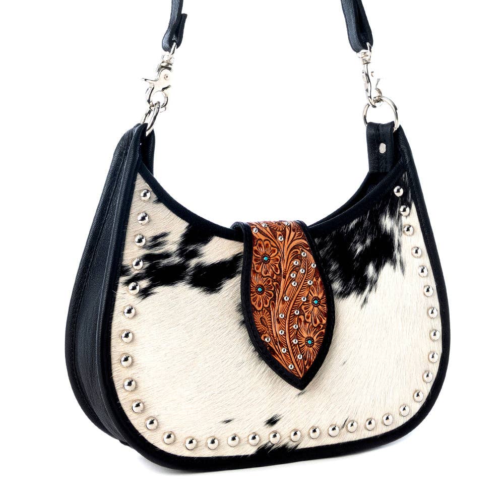 Santa Fe Handtooled Bag for Women in Black with hairon and studded detail: Black