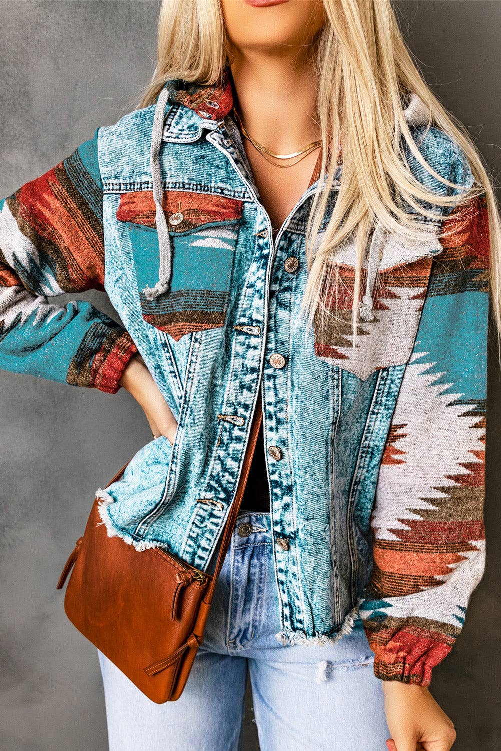 Aztec Denim Frayed Hem Jacket: Multicolor