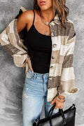 Plaid Color Block Buttoned Long Sleeve Jacket with Pocket: Khaki / 95%Polyester+5%Spandex