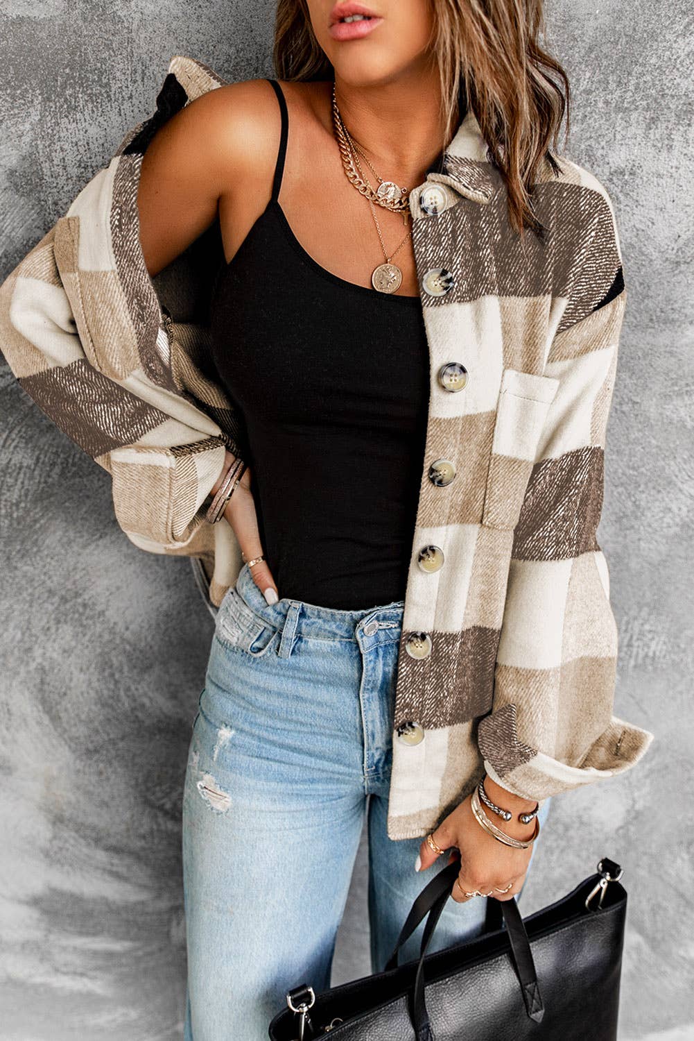 Plaid Color Block Buttoned Long Sleeve Jacket with Pocket: Khaki / 95%Polyester+5%Spandex